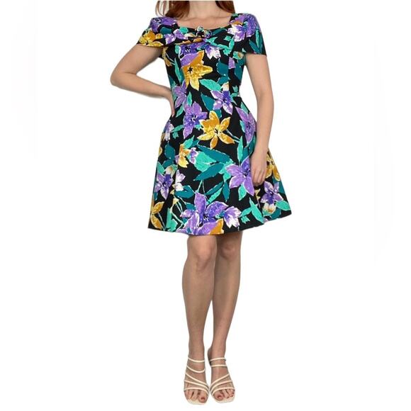 Vintage 80s Size 6/Medium Bright Floral Print ALine Cap Sleeve Formal Mini Dress - Picture 5 of 10